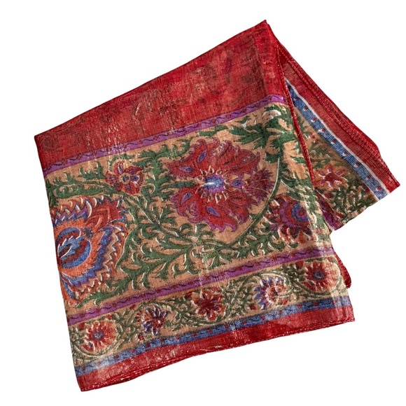 Vintage Oscar de la Renta Metallic Deep Red Gold Floral Square Scarf - Picture 1 of 15